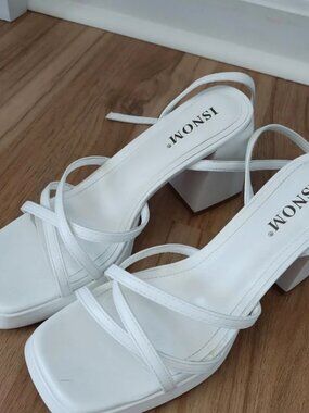 White strapped block heels